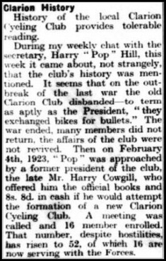 The re-forming of Barnoldswick Clarion in 1923. Barnoldswick and Earby Times, 24 October 1941